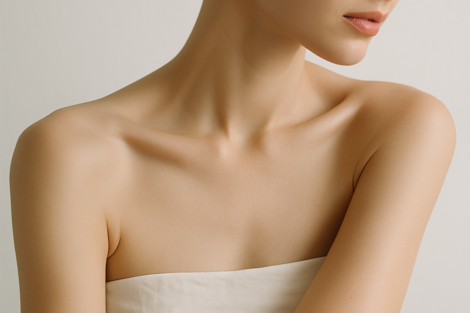 Create an aesthetic close up of a woman's collar bone and arm. The background should be clean & the image should be neutral and light  